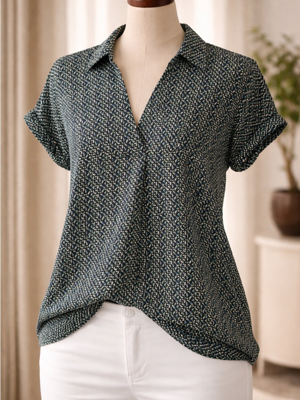 CAbi Dark Teal Printed Short-Sleeve V-Neck Blouse